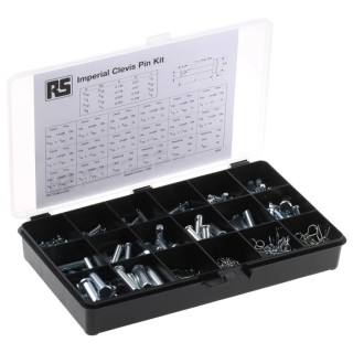 RS PRO 352 Piece Bright Zinc Steel Clevis Pin Kit 0.19 in to 0.38 in Diameter, 0.5 in to 1.5 in Length 279-492