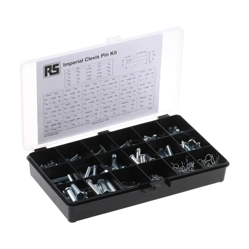 RS PRO 352 Piece Bright Zinc Steel Clevis Pin Kit 0.19 in to 0.38 in Diameter, 0.5 in to 1.5 in Length 279-492