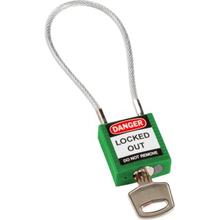 Brady Green Rugged Reinforced Nylon Body Lockout Keyed Padlock with Sheathed Steel Cable COMPACT CABLE PADLOCK GREEN 20CM KD