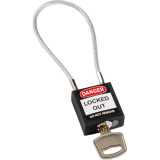 RS PRO Black Rugged Reinforced Nylon Body Lockout Keyed Padlock with Sheathed Steel COMPACT CABLE PADLOCK BLACK 20CM KD
