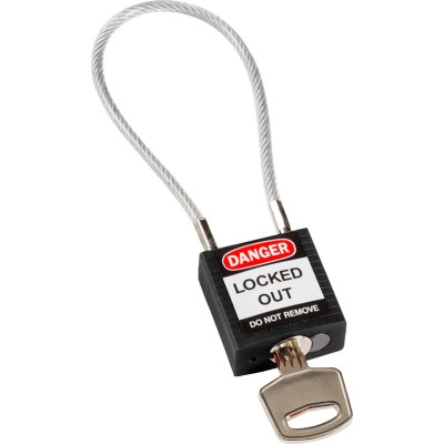 RS PRO Black Rugged Reinforced Nylon Body Lockout Keyed Padlock with Sheathed Steel COMPACT CABLE PADLOCK BLACK 20CM KD
