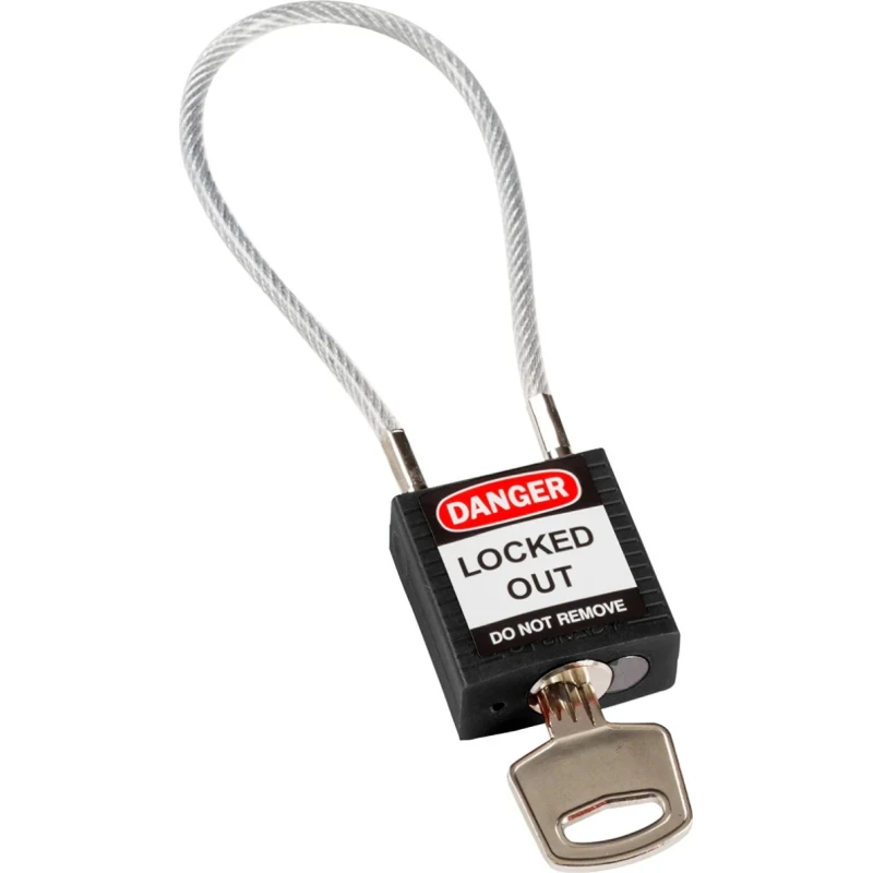 RS PRO Black Rugged Reinforced Nylon Body Lockout Keyed Padlock with Sheathed Steel COMPACT CABLE PADLOCK BLACK 20CM KD