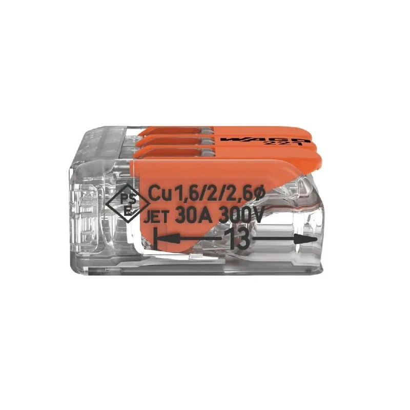 WAGO 221 Series Lever Connector 3-Way 10AWG 20AWG Wire 41A Cage Clamp 221-613