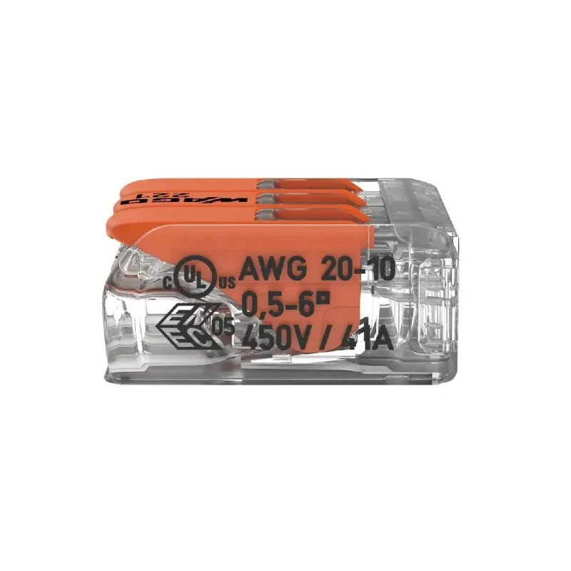 WAGO 221 Series Lever Connector 3-Way 10AWG 20AWG Wire 41A Cage Clamp 221-613
