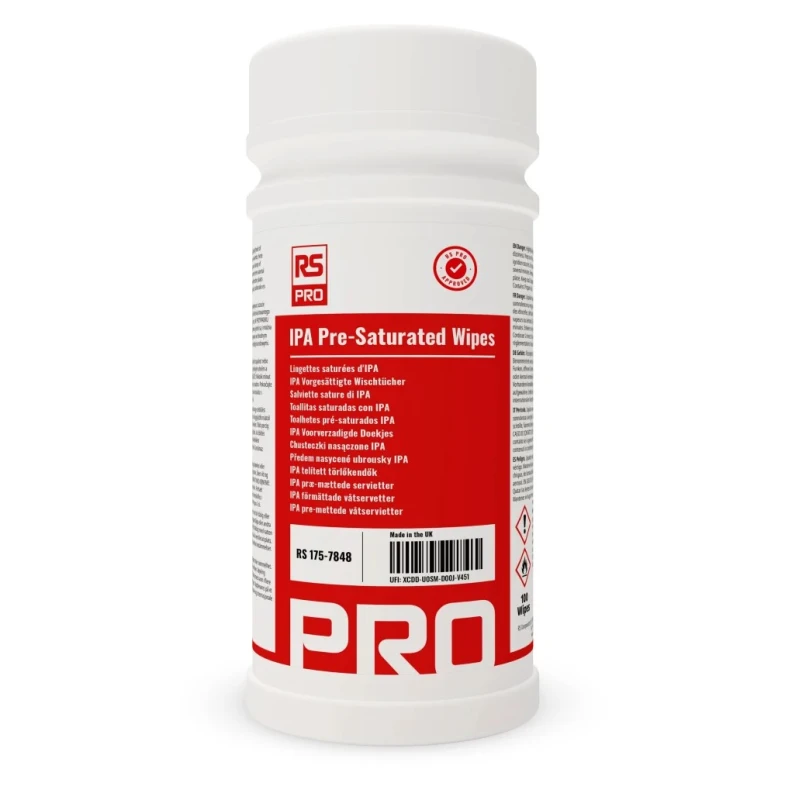 RS PRO Tub IPA Pre-Saturated Wipes 175-7848, Lint Free, RoHS Compliant, 100 Wipes per Pack