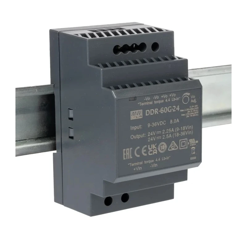 MEAN WELL DC/DC Converter 24V DC Output, 9-36V DC Input, 60W Power, DIN Rail Mount DDR-60G-24
