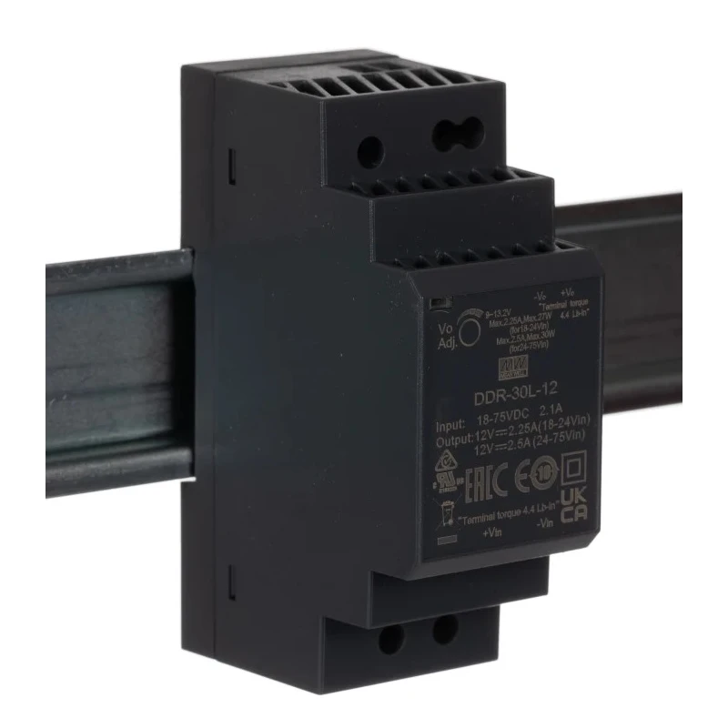 MEAN WELL DC/DC Converter , 12V DC Output, 18-75V DC Input, 6 A Output Current, 30W Power, DIN Rail Mount, Wide DDR-30L-12
