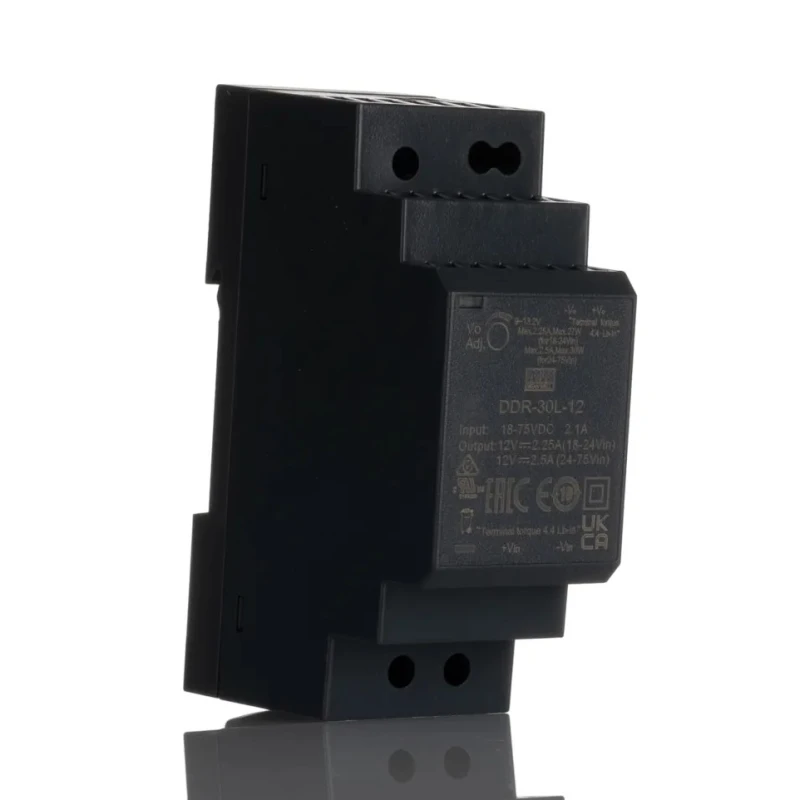 MEAN WELL DC/DC Converter , 12V DC Output, 18-75V DC Input, 6 A Output Current, 30W Power, DIN Rail Mount, Wide DDR-30L-12