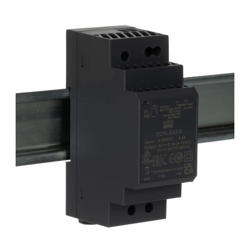 MEAN WELL DC/DC Converter, 5V DC Output, 9-36V DC Input, 6A Output Current, 30W Power, DIN Rail Mount, 85°C Max DDR-30G-5