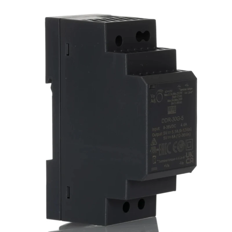 MEAN WELL DC/DC Converter, 5V DC Output, 9-36V DC Input, 6A Output Current, 30W Power, DIN Rail Mount, 85°C Max DDR-30G-5