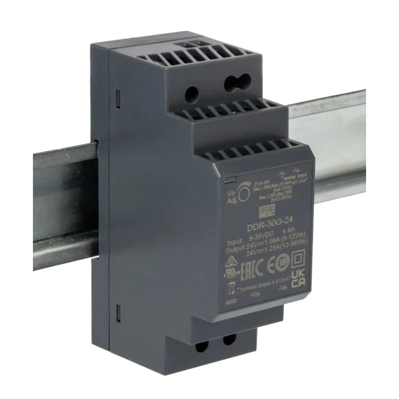 MEAN WELL DC/DC Converter , 24V DC Output, 9-36V DC Input, 6A Output Current, 30W Power, DIN Rail Mount, -40 to DDR-30G-24