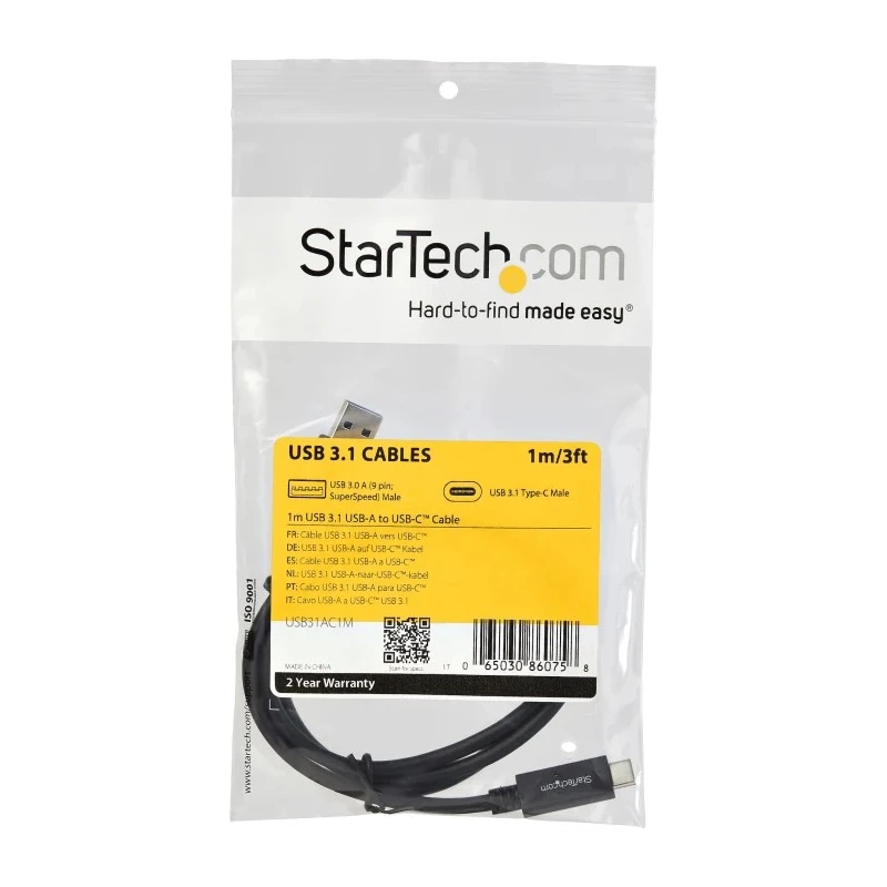 StarTech.com USB 3.1 Male USB Type A to Male USB Type C Charging and Data Cable Black 1m USB31AC1M