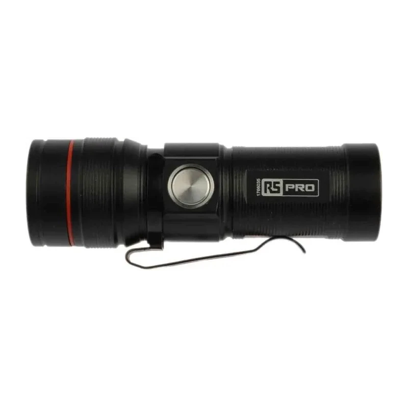 RS PRO LED Pocket Torch Black Rechargeable Lithium-ion 300 lm 93 mm 176-6035