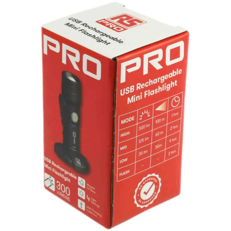 RS PRO LED Pocket Torch Black Rechargeable Lithium-ion 300 lm 93 mm 176-6035