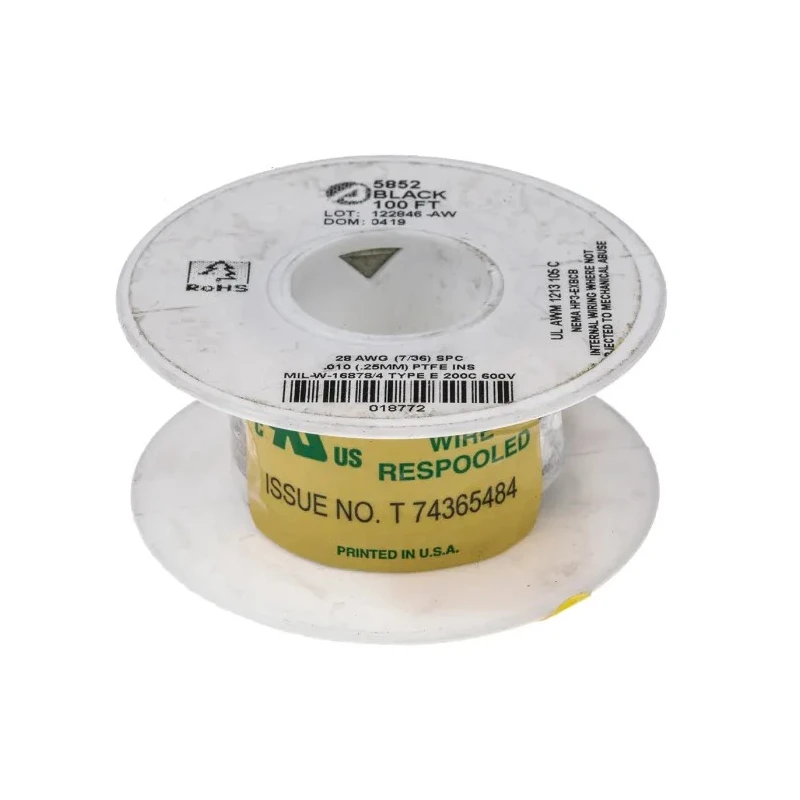 Alpha Wire Hook Up Wire TEFLON Series Black 28 AWG 7x0.13mm Silver Plated Copper Conductor 600V 200°C 30m 5852 BK005