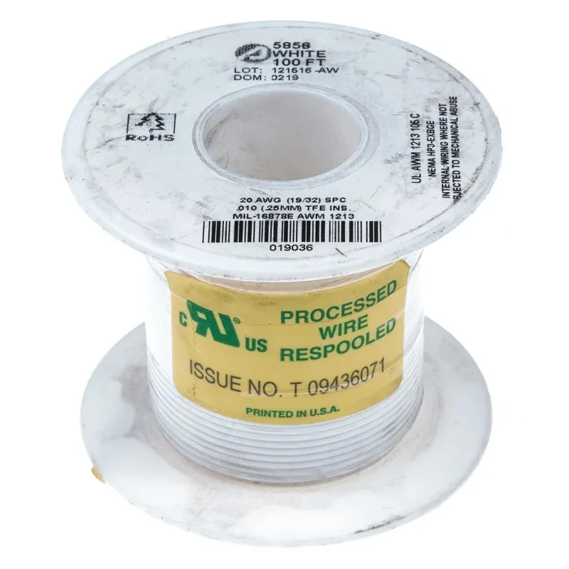 Alpha Wire Hook Up Wire TEFLON Series White Insulated Wire 20 AWG, 19 x 0.20 mm Core Strands, 30 m Length, 600 V 5856 WH005