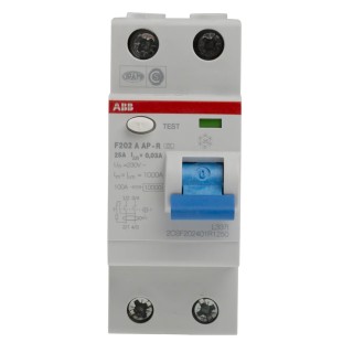 ABB Residual Current Circuit Breaker F200 Series, 25A, 2-Pole, 30mA, Type A, 1kA 2CSF202401R1250 F202 A-25/0,03 AP-R