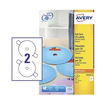 Avery White CD & DVD Laser Printable Self-Adhesive Labels, 117 mm, 25 Sheets L7676-25