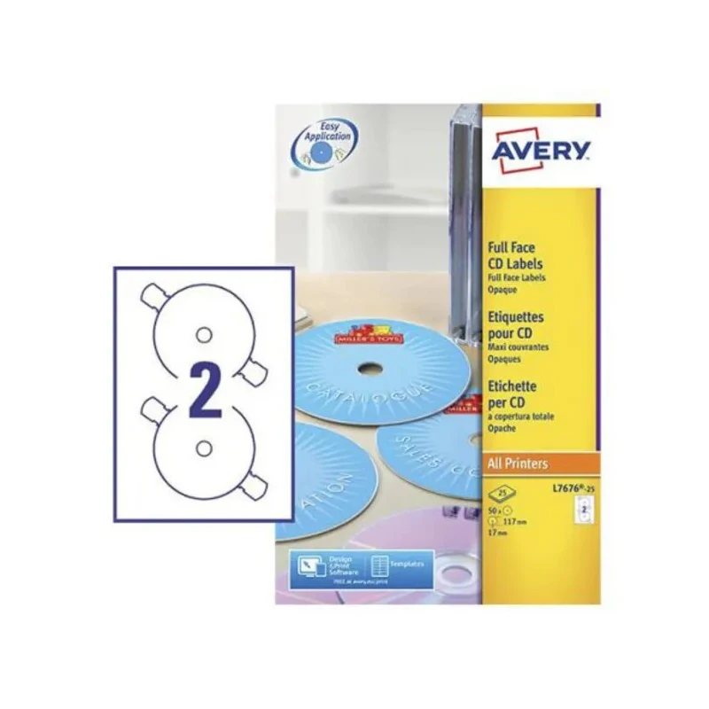 Avery White CD & DVD Laser Printable Self-Adhesive Labels, 117 mm, 25 Sheets L7676-25