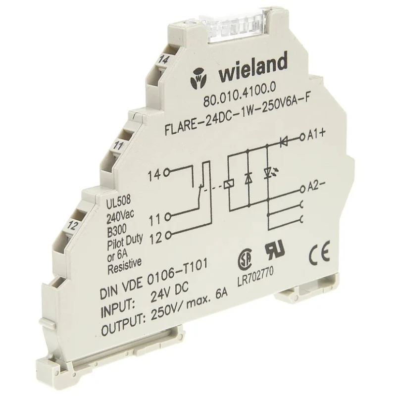 Wieland Flare Series Interface Relay, DIN Rail Mount, 24V DC Coil, SPDT Contact, 6A Switching Current, Silver 80.010.4100.0