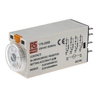 RS PRO Timer Relay 4-Contact 230V AC 0.2 to 5 s 1-Function 4PDT Switch Configuration 179-2958