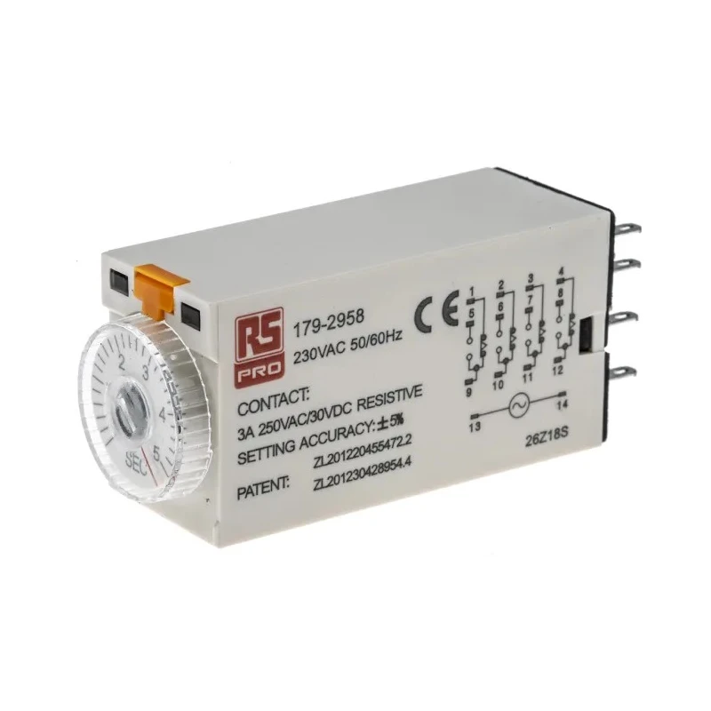 RS PRO Timer Relay 4-Contact 230V AC 0.2 to 5 s 1-Function 4PDT Switch Configuration 179-2958