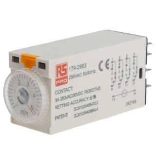 RS PRO Timer Relay 4-Contact 230V AC ON Delay 0.2 to 5 min 4PDT Terminal 14-Pin 179-2963