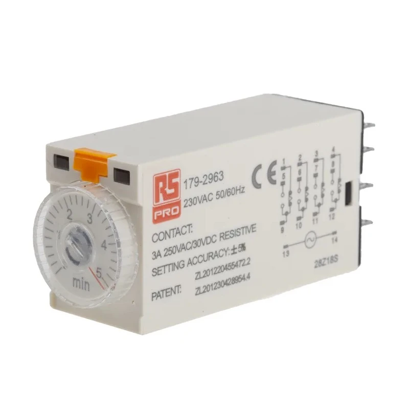 RS PRO Timer Relay 4-Contact 230V AC ON Delay 0.2 to 5 min 4PDT Terminal 14-Pin 179-2963