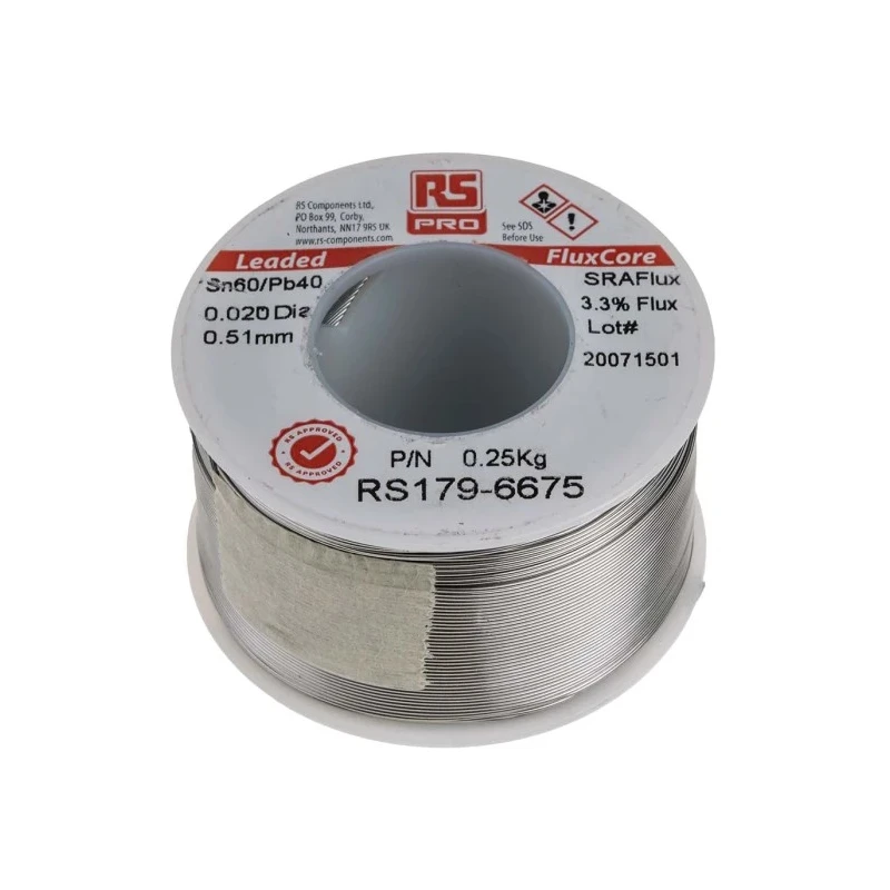 RS PRO Lead Solder Wire 0.5 mm Diameter, 40% Lead, 60% Tin, 183 °C Melting Point 179-6675