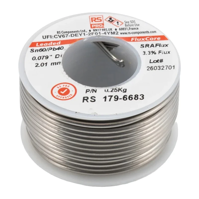 RS PRO Lead Solder Wire 2 mm Diameter, 40% Lead, 60% Tin, Rosin Flux Core, 183 °C Melting Point 179-6683