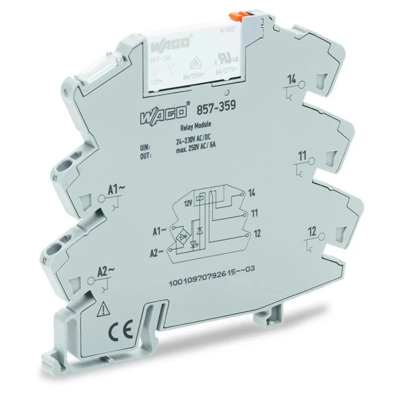 WAGO 857 Series Electromechanical Interface Relay, DIN Rail Mount, SPDT Contact, 230V AC/DC Coil, 20mA Coil Current 857-359
