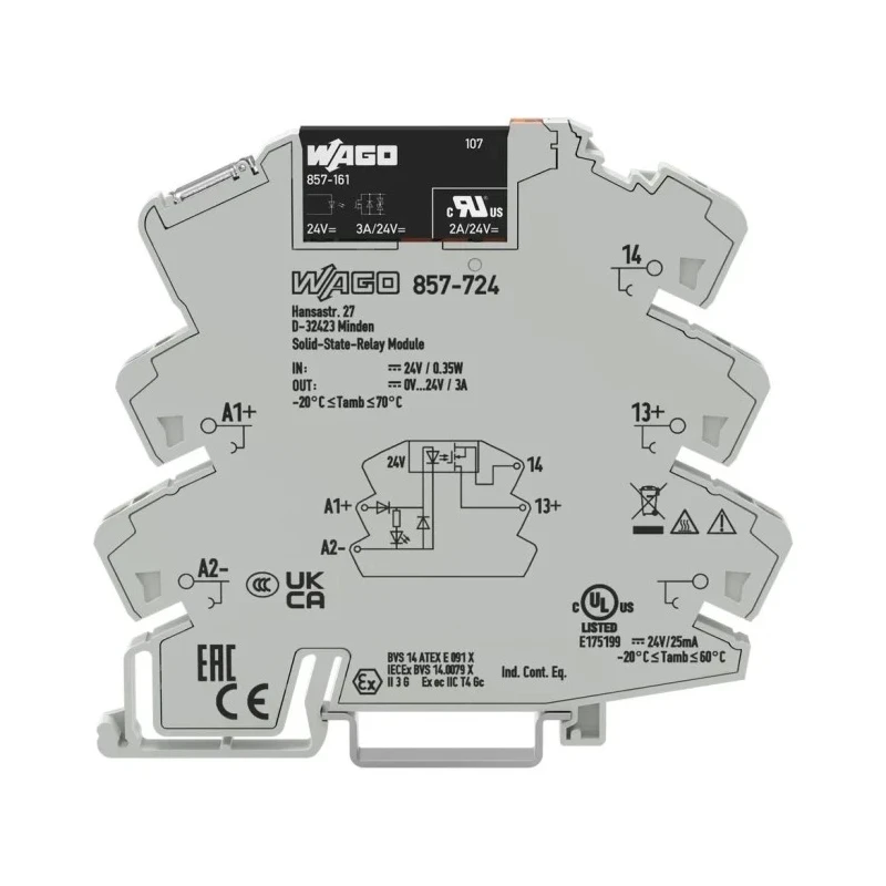 WAGO 857 Series Solid State Relay, 3 A Load Current, DIN Rail Mount, 24 V DC Load, 31.2 V DC Control 857-724