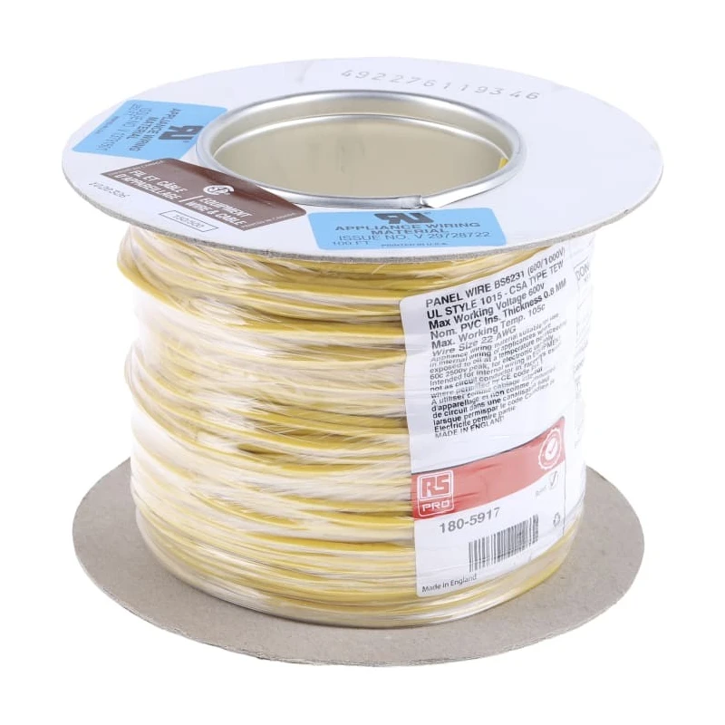 RS PRO Yellow Tri-Rated Hook Up Wire 22 AWG 16/0.2 mm Core Strands 100 m PVC Insulation 105°C 180-5917