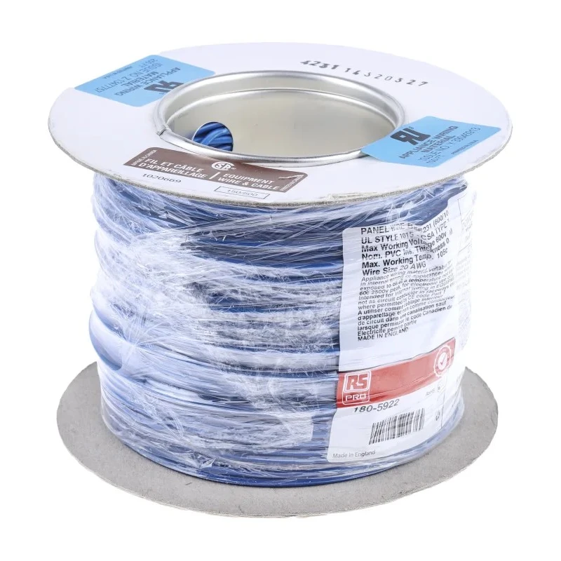 RS PRO Blue Hook Up Wire 20 AWG 24x0.2 mm Core Strands 100 m 105°C Tri-Rated 180-5922