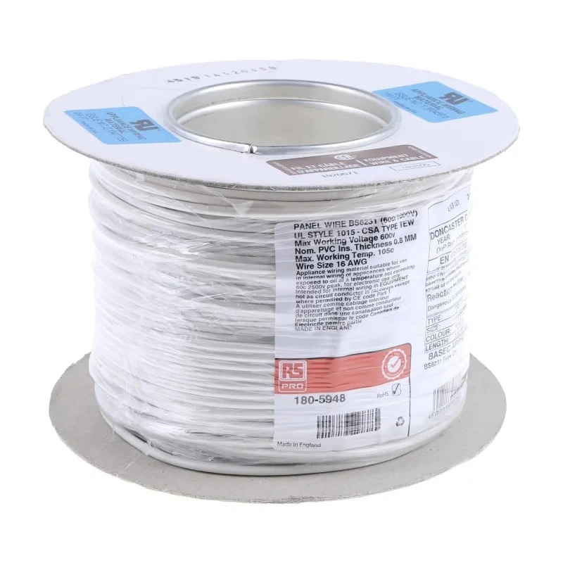 RS PRO White Hook Up Wire 16 AWG 30/0.25 mm Copper Conductor Flame Retardant 105°C 100 m 180-5948