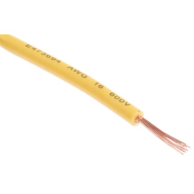 RS PRO Yellow Hook Up Wire, 16 AWG, 30/0.25 mm Copper Strands, 100 m Length, Polyvinyl Chloride Tri-Rated Cable 180-5951