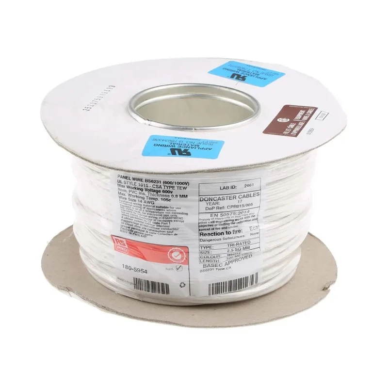 RS PRO White Hook Up Wire 14 AWG, 50 x 0.25 mm Strands, 100 m Length, Flame Retardant Polyvinyl Chloride Jacket 180-5954
