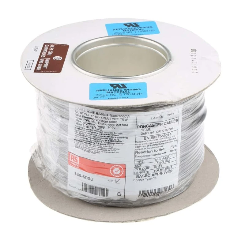 RS PRO Grey Hook Up Wire 16 AWG, 30/0.25 mm Core Strands, 100 m, Flame Retardant, 105°C Maximum Operating 180-5953