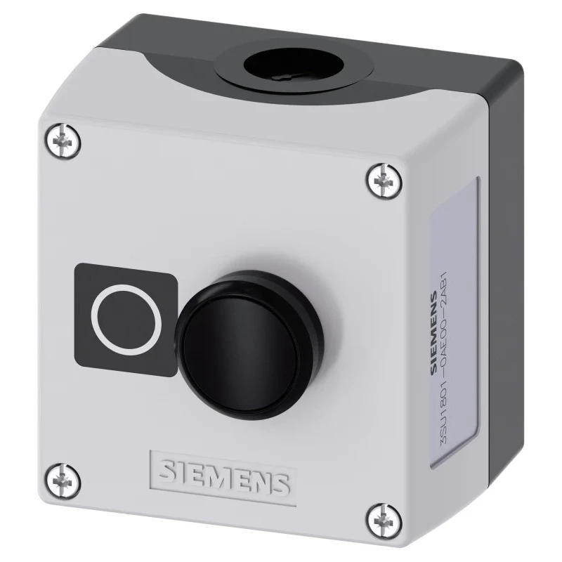 Siemens Push Button Control Station SPST, Plastic Enclosure, 1 Cutout, Black Push Button, IP66 IP69 IP67 3SU1801-0AE00-2AB1