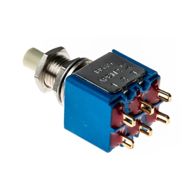 APEM Miniature Momentary Push Button Switch, Panel Mount, 6.5 mm Cutout, DPDT, Black Actuator 18545CD