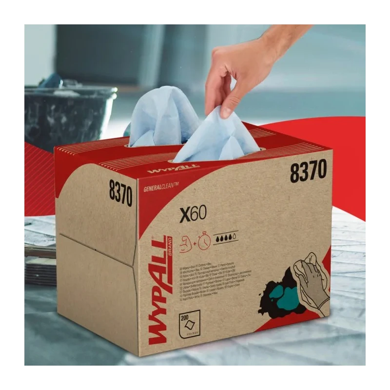 WYPALL WypAll® X60 General Clean™ Blue Cloths for Industrial Dry Cleaning, Single Use, 418 x 283 mm, Box of 200 Sheets 8370