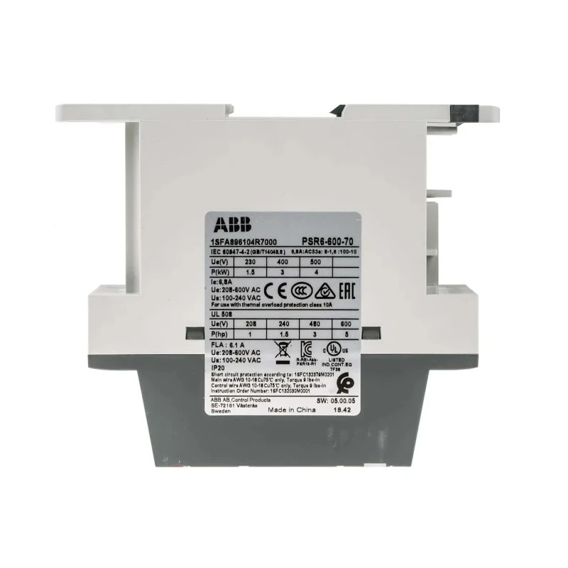 ABB PSR 3 kW 3 Phase Soft Starter 600V AC DIN Rail Mount IP20 