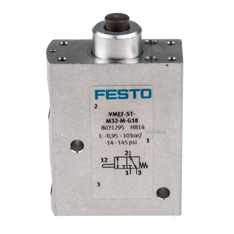 Festo Plunger Pneumatic Manual Control Valve, 10 Bar Maximum Operating Pressure, Aluminium Alloy Body, 3/2 VMEF-ST-M32-M-G18