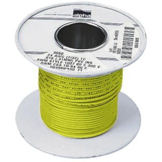 Alpha Wire Yellow Hook Up Wire, 16 AWG, 26x0.25 mm Core Strands, 30 m Length, Polyvinyl Chloride Jacket, 300 V 3057 YL005