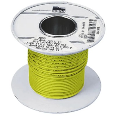 Alpha Wire Yellow Hook Up Wire, 16 AWG, 26x0.25 mm Core Strands, 30 m Length, Polyvinyl Chloride Jacket, 300 V 3057 YL005