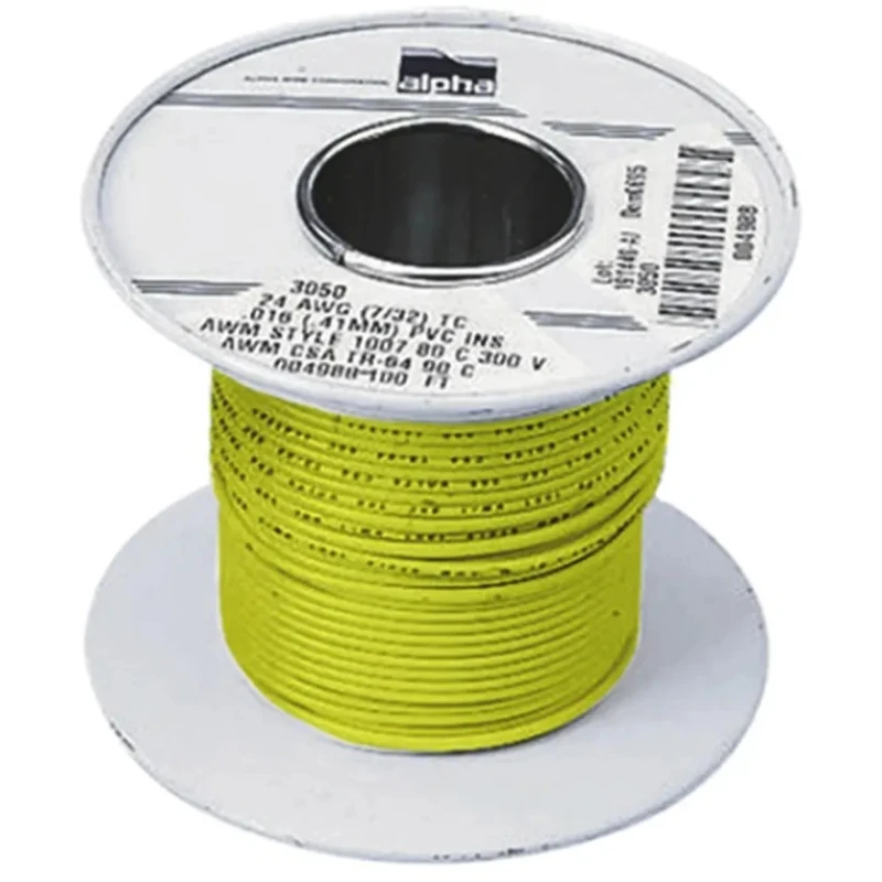 Alpha Wire Yellow Hook Up Wire, 16 AWG, 26x0.25 mm Core Strands, 30 m Length, Polyvinyl Chloride Jacket, 300 V 3057 YL005