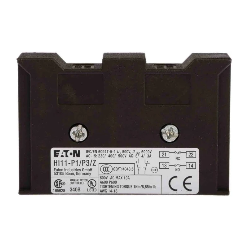 Eaton Auxiliary Contact, 2 Contacts, 1 NO/1 NC, Side Mount, 10 A Contact Current, 500V, Model 062031 HI11-P1/P3Z