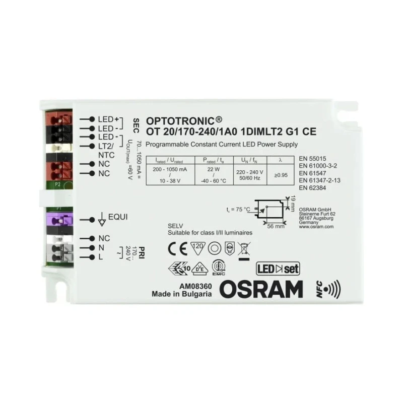 Osram Constant Current LED Driver 22W, 10-38V Output Voltage, 120mA, 220-240V Input, IP20, OPTOTRONIC NFC Series IP20