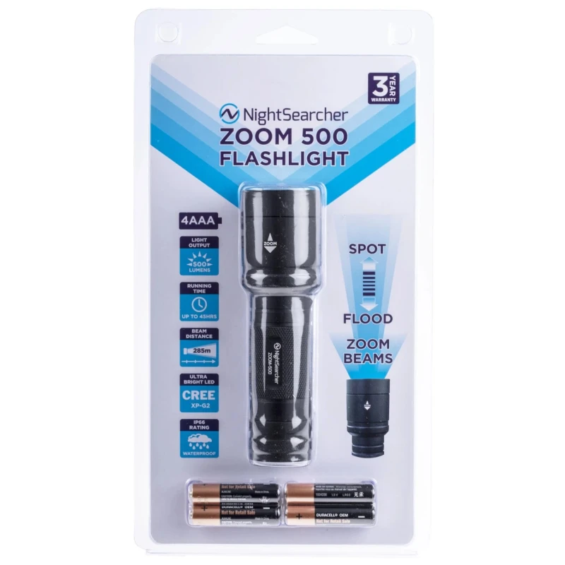 Nightsearcher Aluminium LED Torch 500 Lumens, Spot to Flood Zoom Beam, IP66, 4 x AAA Alkaline Batteries NSZOOM500