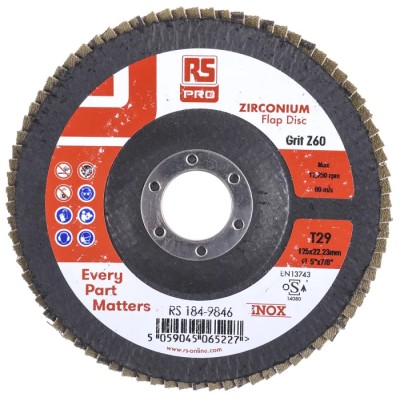 RS PRO Zirconium Flap Disc 125 mm Medium Grade P60 Grit Maximum 12250 RPM Quick Change 5 Per Pack 184-9846